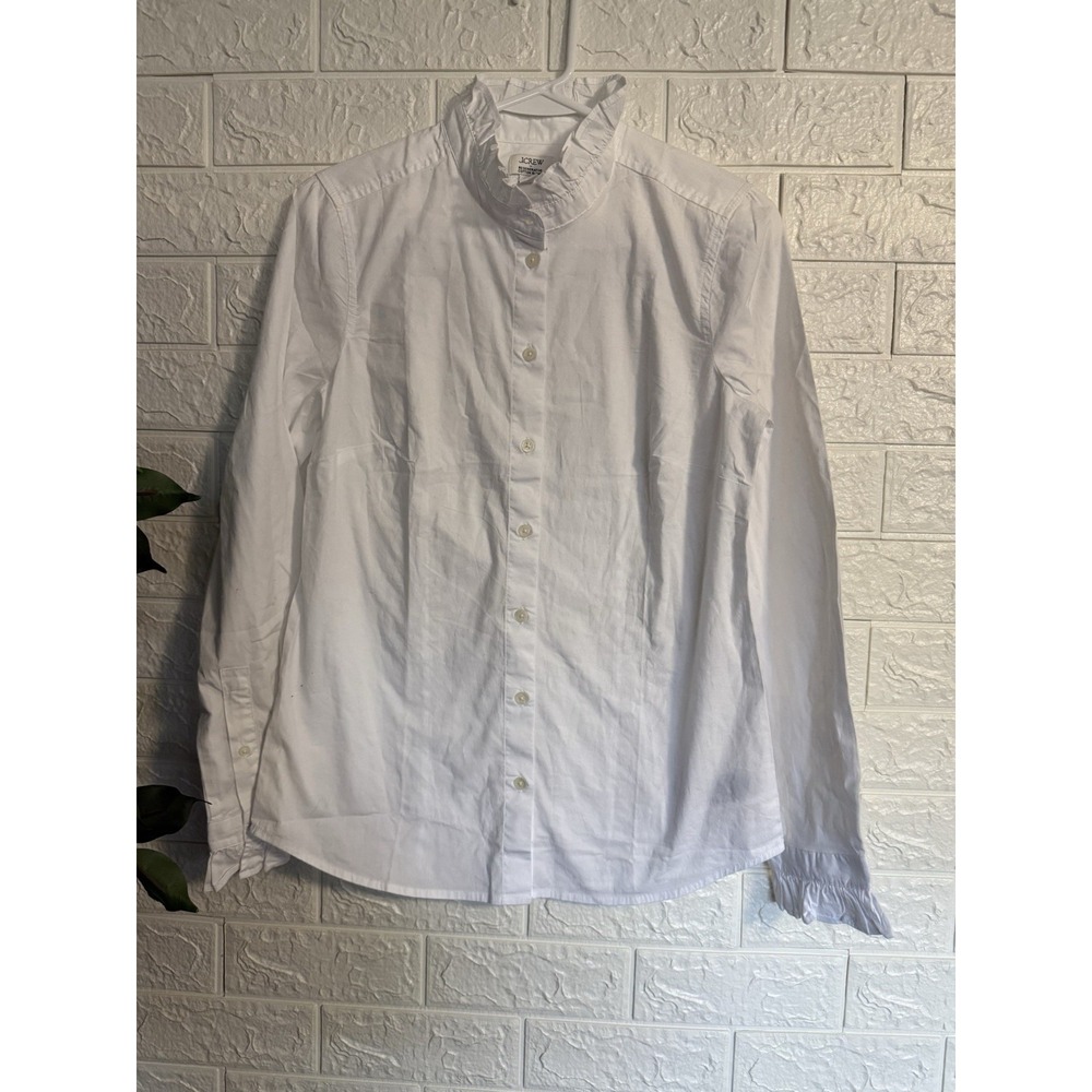 J.CREW Women White Ruffle Button-Up Long Sleeve Blouse XS Cotton Blend
